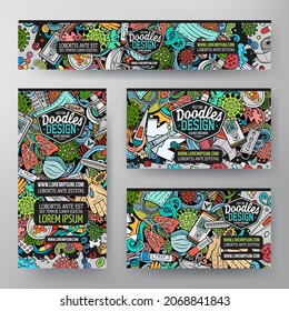 Cartoon vector doodle set of Coronavirus corporate identity templates. Colorful funny banners, id cards, flayer for the use on branding, invitations, cards, apps, web design.