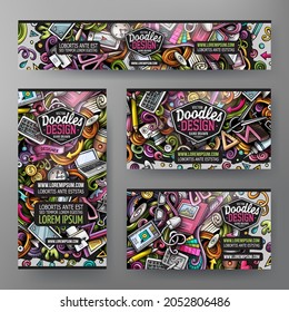 Conjunto de doodles vectores de dibujos animados de las plantillas de identidad corporativa del Diseñador. Banners coloridos y divertidos, tarjetas de identificación, capas para el uso en marca, invitaciones, tarjetas, aplicaciones, diseño web.