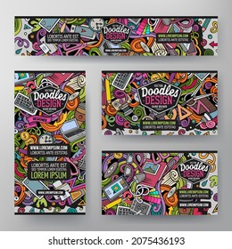 Cartoon vector doodle set of Designer corporate identity templates. Colorful funny banners, id cards, flayer for the use on branding, invitations, cards, apps, web design.