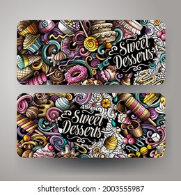 Cartoon vector doodle set of Desserts banners templates. Corporate identity for the use on invitations, cards, apps, branding, flyers, greeting cards, postcards, web design. 