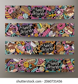Cartoon Vektordoodle Set von Desserts Banner-Vorlagen. Corporate Identity für die Verwendung auf Apps, Branding, Flyer, Web-Design. Hübsche bunter Illustration.