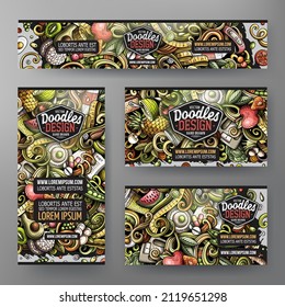 Cartoon vector doodle set of Diet food corporate identity templates. Colorful funny banners, id cards, flayer for the use on branding, invitations, cards, apps, web design.