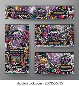 Cartoon vector doodle set of Disco Music corporate identity templates. Colorful funny banners, id cards, flayer for the use on branding, invitations, cards, apps, web design.