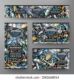 Cartoon vector doodle set of Diving corporate identity templates. Colorful funny banners, id cards, flayer for the use on branding, invitations, cards, apps, web design.