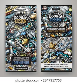 Cartoon vector doodle set of Diving banners templates. Corporate identity for the use on apps, branding, flyers, web design. Funny colorful illustration.