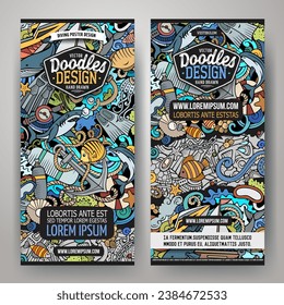 Cartoon vector doodle set of Diving banners templates. Corporate identity for the use on apps, branding, flyers, web design. Funny colorful illustration.