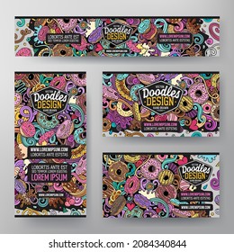 Conjunto de doodles vectores de dibujos animados de plantillas de identidad corporativa de Donuts. Banners coloridos y divertidos, tarjetas de identificación, capas para el uso en marca, invitaciones, tarjetas, aplicaciones, diseño web.
