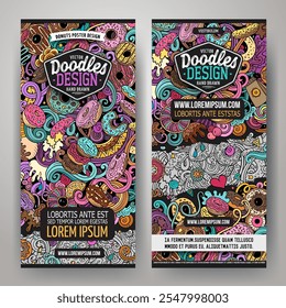 Vector de dibujos animados doodle conjunto de Anuncios de donuts Plantillas. Identidad Corporativa para el uso en invitaciones, tarjetas, App, marcas, volantes, tarjetas de felicitación, postales, Diseño web. Divertida ilustración colorida.
