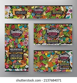 Cartoon vector doodle set of Easter corporate identity templates. Colorful funny banners, id cards, flayer for the use on branding, invitations, cards, apps, web design.