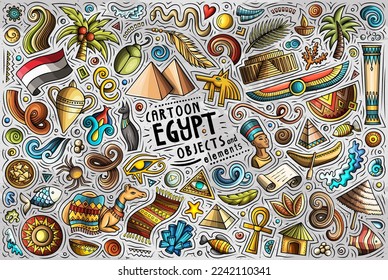 Cartoon vector doodle set of Egypt traditional symbols, items and objects