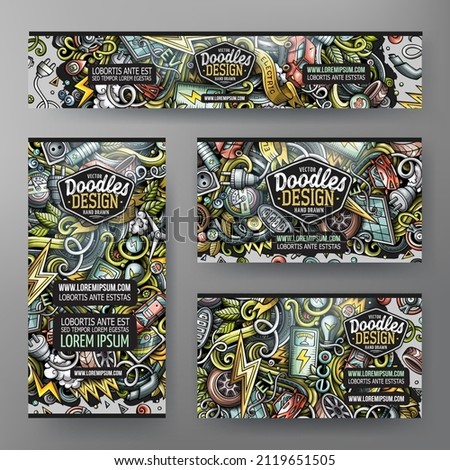 Cartoon vector doodle set of Electric Cars corporate identity templates. Colorful funny banners, id cards, flayer for the use on branding, invitations, cards, apps, web design.