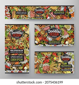 Cartoon vector doodle set of Fastfood corporate identity templates. Colorful funny banners, id cards, flayer for the use on branding, invitations, cards, apps, web design.