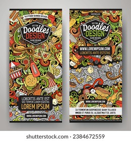 Conjunto de doodles vectores de dibujos animados de plantillas de carteles de comida rápida. Identidad corporativa para el uso en aplicaciones, marca, volantes, diseño web. Graciosa ilustración colorida.