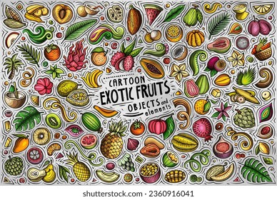 Cartoon vector doodle set features a variety of Exotic Tropical Fruits objects and symbols. The collection has a whimsical, playful feel. Perfect for various projects.