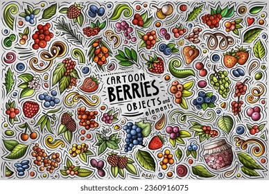 Cartoon vector doodle set features a variety of Berry fruits objects and symbols. The Berries collection has a whimsical, playful feel. Perfect for various projects.