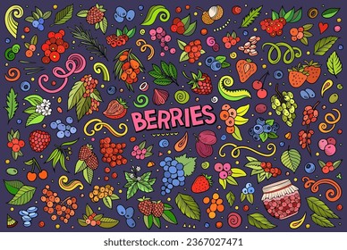 Cartoon vector doodle set features a variety of Berry fruits objects and symbols. The Berries collection has a whimsical, playful feel. Perfect for various projects.