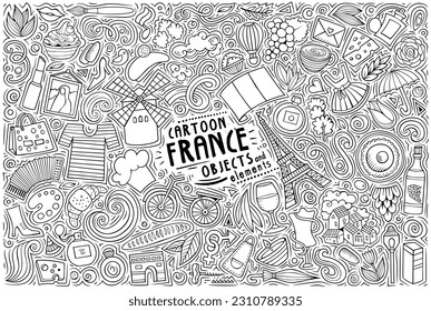 Cartoon vector doodle set of France traditional symbols, items and objects