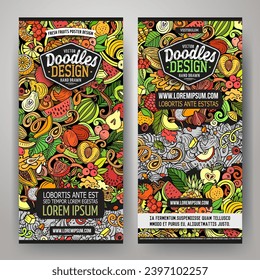 Cartoon vector doodle set of Fresh Fruits banners templates. Corporate identity for the use on apps, branding, flyers, web design. Funny natural food colorful illustration.