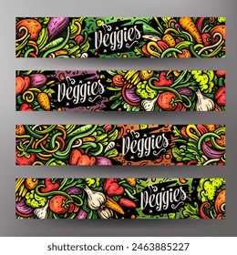 Cartoon vector doodle set of Fresh Vegetables banners templates. Corporate identity for the use on apps, branding, flyers, web design. Funny veggies colorful illustration.