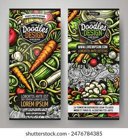 Cartoon vector doodle set of Fresh Vegetables banners templates. Corporate identity for the use on apps, branding, flyers, web design. Funny veggies colorful illustration.