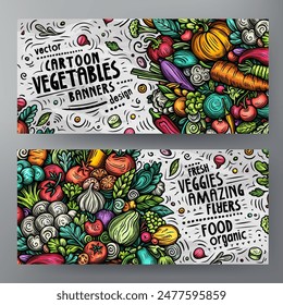 Cartoon vector doodle set of Fresh Vegetables banners templates. Corporate identity for the use on apps, branding, flyers, web design. Funny veggies colorful illustration.