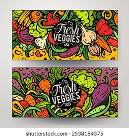 Cartoon vector doodle set of Fresh Vegetables banners templates. Corporate identity for the use on apps, branding, flyers, web design. Funny veggies colorful illustration.