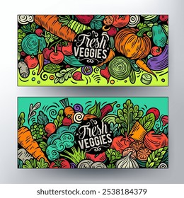 Cartoon vector doodle set of Fresh Vegetables banners templates. Corporate identity for the use on apps, branding, flyers, web design. Funny veggies colorful illustration.