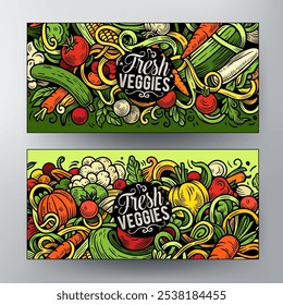 Cartoon vector doodle set of Fresh Vegetables banners templates. Corporate identity for the use on apps, branding, flyers, web design. Funny veggies colorful illustration.