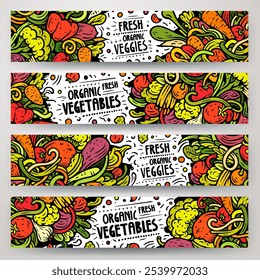 Cartoon vector doodle set of Fresh Vegetables banners templates. Corporate identity for the use on apps, branding, flyers, web design. Funny veggies colorful illustration.