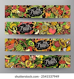 Cartoon vector doodle set of Fresh Fruits banners templates. Corporate identity for the use on apps, branding, flyers, web design. Funny natural food colorful illustration.