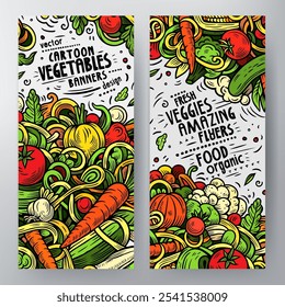 Cartoon vector doodle set of Fresh Vegetables banners templates. Corporate identity for the use on apps, branding, flyers, web design. Funny veggies colorful illustration.