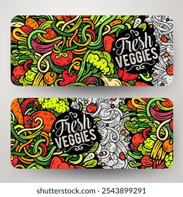 Cartoon vetor doodle conjunto de modelos de faixas de vegetais frescos. Identidade corporativa para uso em aplicativos, marcas, folhetos, web design. Engraçado legumes ilustração de cor.