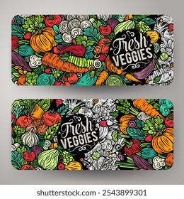 Cartoon vetor doodle conjunto de modelos de faixas de vegetais frescos. Identidade corporativa para uso em aplicativos, marcas, folhetos, web design. Engraçado legumes ilustração de cor.