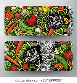 Cartoon vetor doodle conjunto de modelos de faixas de vegetais frescos. Identidade corporativa para uso em aplicativos, marcas, folhetos, web design. Engraçado legumes ilustração de cor.