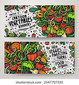 Cartoon vector doodle set of Fresh Vegetables banners templates. Corporate identity for the use on apps, branding, flyers, web design. Funny veggies colorful illustration.