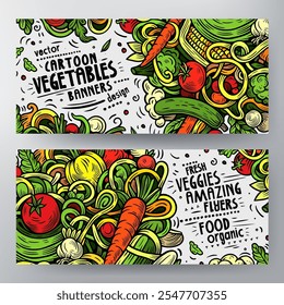 Cartoon vetor doodle conjunto de modelos de faixas de vegetais frescos. Identidade corporativa para uso em aplicativos, marcas, folhetos, web design. Engraçado legumes ilustração colorida.