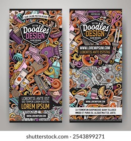 Vector de dibujos animados doodle conjunto de Anuncios de peluquería Plantillas. Identidad Corporativa para el uso en invitaciones, tarjetas, App, marcas, volantes, tarjetas de felicitación, postales, Diseño web. Divertida ilustración.