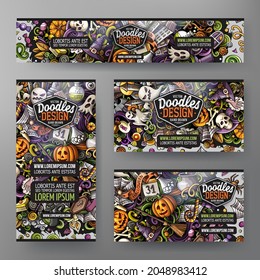 Cartoon vector doodle set of Halloween corporate identity templates. Colorful funny banners, id cards, flayer for the use on branding, invitations, cards, apps, web design.