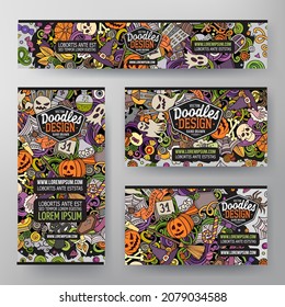 Cartoon vector doodle set of Halloween corporate identity templates. Colorful funny banners, id cards, flayer for the use on branding, invitations, cards, apps, web design.
