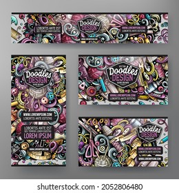 Cartoon vector doodle set of Handmade corporate identity templates. Colorful funny banners, id cards, flayer for the use on branding, invitations, cards, apps, web design.