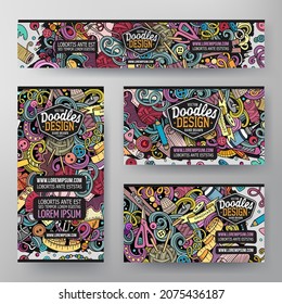 Cartoon vector doodle set of Handmade corporate identity templates. Colorful funny banners, id cards, flayer for the use on branding, invitations, cards, apps, web design.