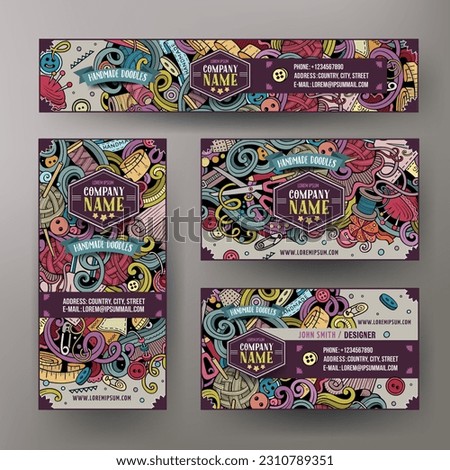 Cartoon vector doodle set of Handmade corporate identity templates. Colorful funny banners, id cards, flayer for the use on branding, invitations, cards, apps, web design.