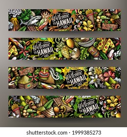 Conjunto de doodles vectores de dibujos animados de las plantillas de banners de Hawaii. Identidad corporativa para el uso en aplicaciones, marca, volantes, diseño web. Graciosa ilustración colorida.