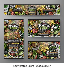 Cartoon vector doodle set of Hawaii corporate identity templates. Colorful funny banners, id cards, flayer for the use on branding, invitations, cards, apps, web design.