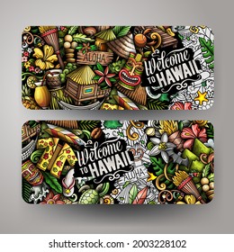 Cartoon vector doodle set of Hawaii banners templates. Corporate identity for the use on invitations, cards, apps, branding, flyers, greeting cards, postcards, web design. 