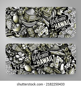 Cartoon vector doodle set of Hawaii banners templates. Corporate identity for the use on invitations, cards, apps, branding, flyers, greeting cards, postcards, web design. 