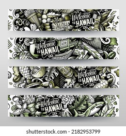 Cartoon vector doodle set of Hawaii banners templates. Corporate identity for the use on invitations, cards, apps, branding, flyers, greeting cards, postcards, web design. 