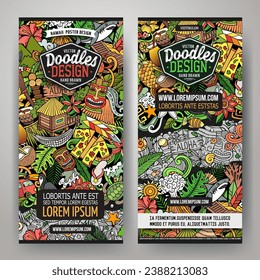 Cartoon vector doodle set of Hawaii banners templates. Corporate identity for the use on invitations, cards, apps, branding, flyers, greeting cards, postcards, web design. 