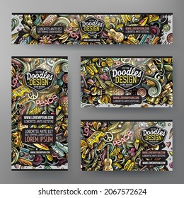Conjunto de doodles vectores de dibujos animados de plantillas de identidad corporativa Hippie. Banners coloridos y divertidos, tarjetas de identificación, capas para el uso en marca, invitaciones, tarjetas, aplicaciones, diseño web.