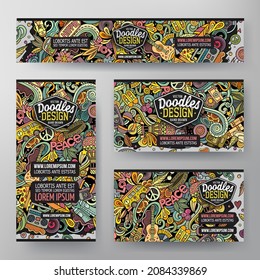 Cartoon vector doodle set of Hippie corporate identity templates. Colorful funny banners, id cards, flayer for the use on branding, invitations, cards, apps, web design.